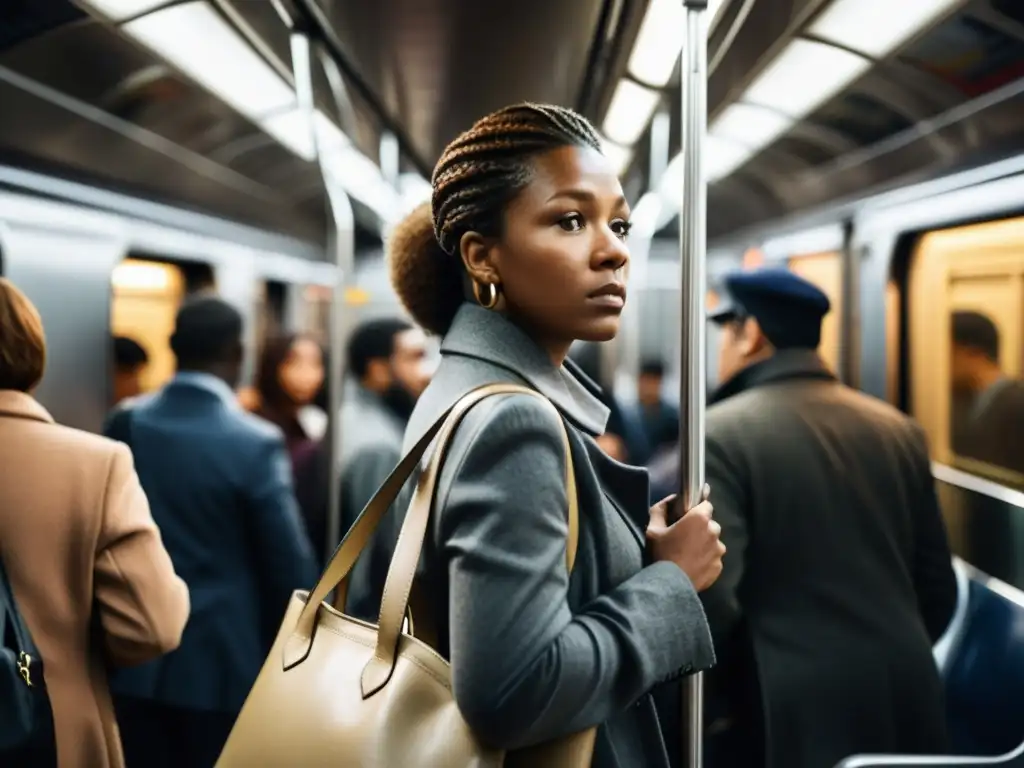 Una mujer fuerte en el metro, usando su bolso como escudo