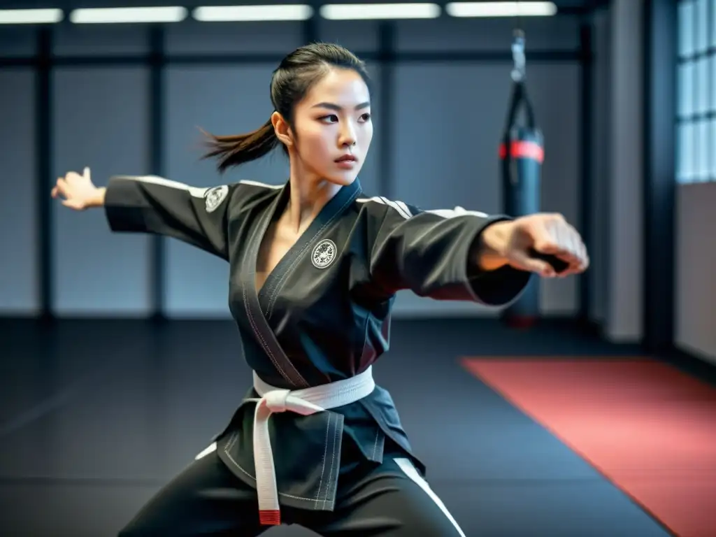 Una mujer muestra fuerza y gracia al ejecutar una patada precisa en su ropa de entrenamiento para mujeres en artes marciales