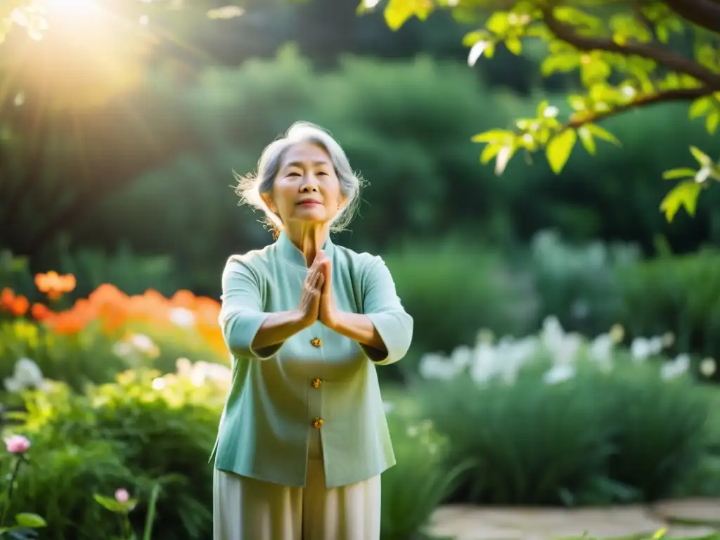 Una mujer mayor practica Qigong con gracia y serenidad en un jardín soleado, canalizando su energía