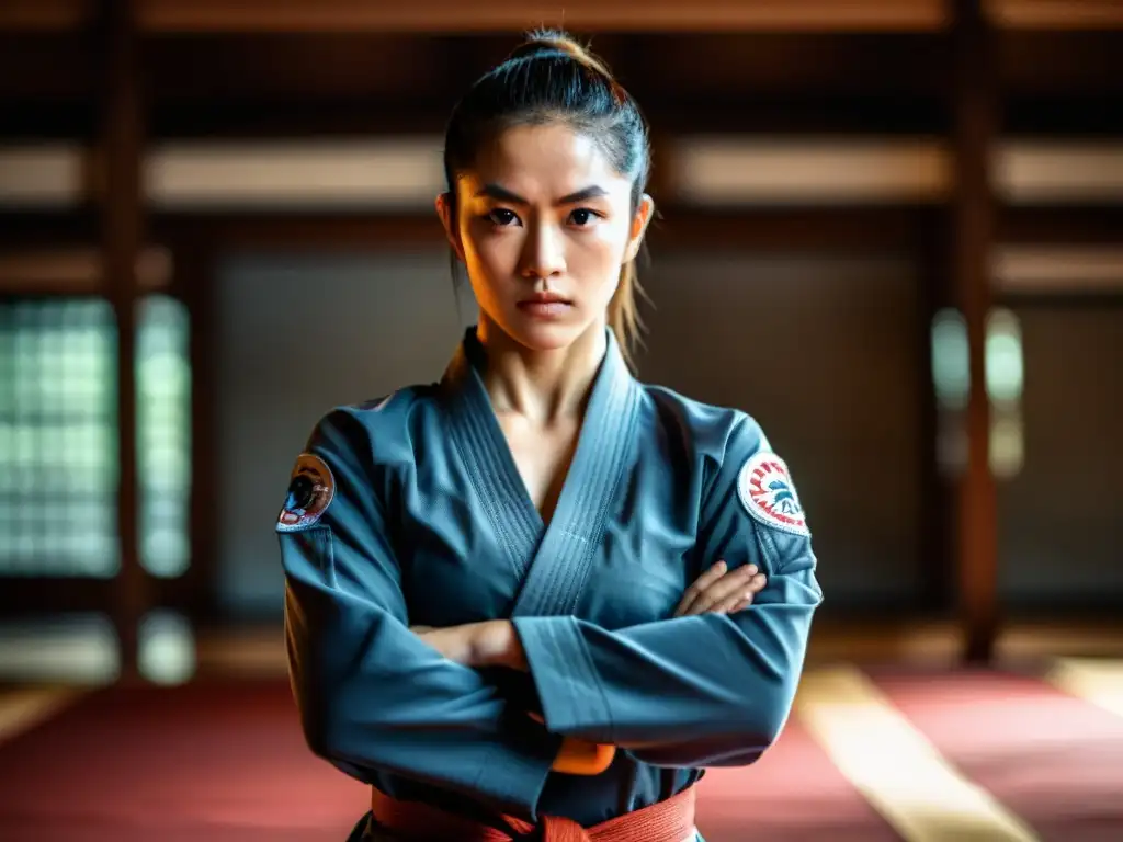 Una mujer en uniforme de artes marciales demuestra una técnica con determinación y gracia en un dojo