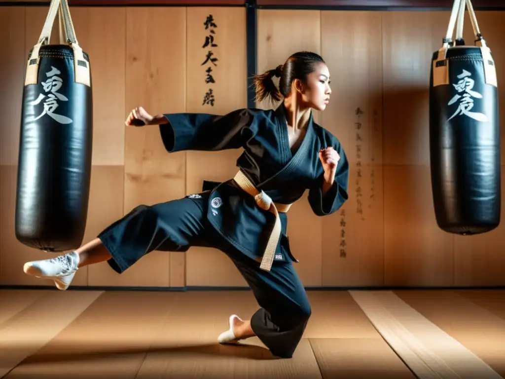 Una mujer en uniforme de cinturón negro ejecuta un potente golpe alto en un dojo de artes marciales, irradiando determinación y fuerza