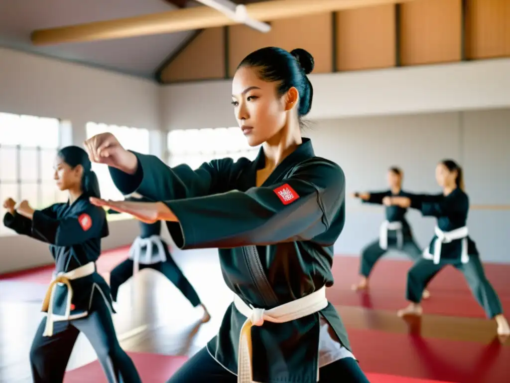 Mujeres practicando artes marciales en un dojo luminoso, usando ropa de entrenamiento para mujeres en artes marciales, mostrando gracia y fuerza