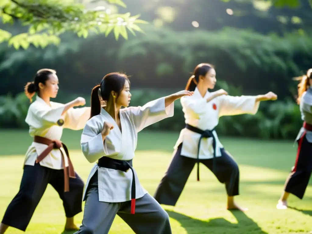 Mujeres practicando artes marciales en un entorno natural, transmitiendo empoderamiento y fuerza en un retiro de artes marciales para mujeres