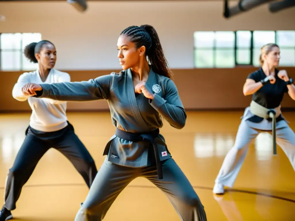 Mujeres aprendiendo defensa personal en un gimnasio espacioso y bien iluminado