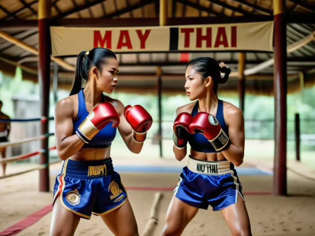 Dos mujeres destacadas en la historia del Muay Thai, en un campamento de entrenamiento histórico, listas para la batalla