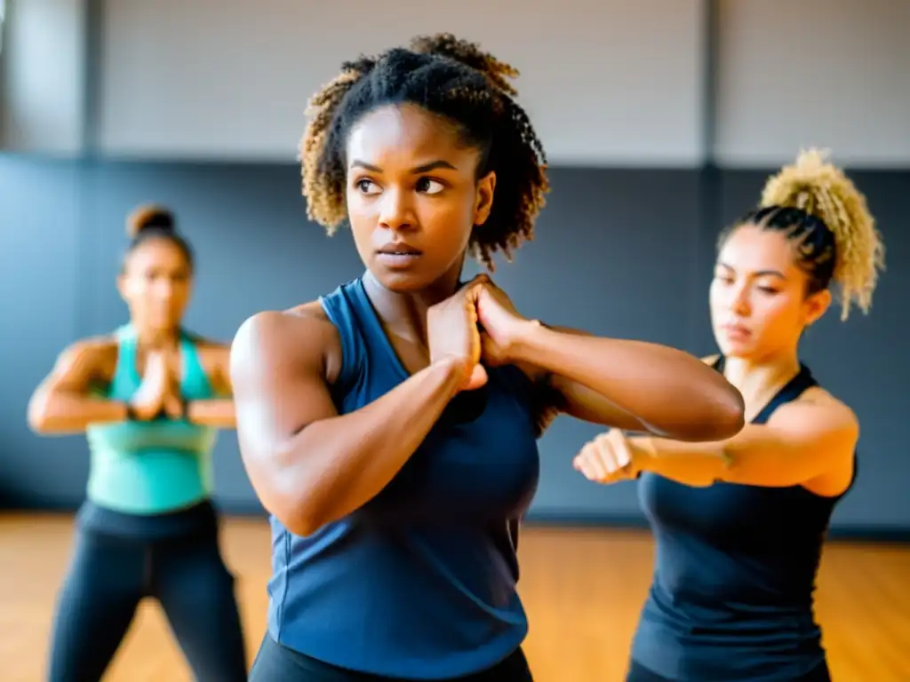 Mujeres diversas se empoderan en un gimnasio espacioso, practicando técnicas de autodefensa con determinación