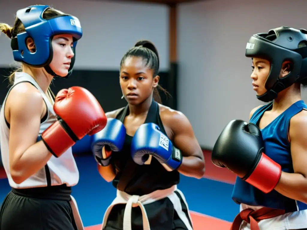 Mujeres en equipamiento protección practican artes marciales con determinación y fuerza en estudio de artes marciales