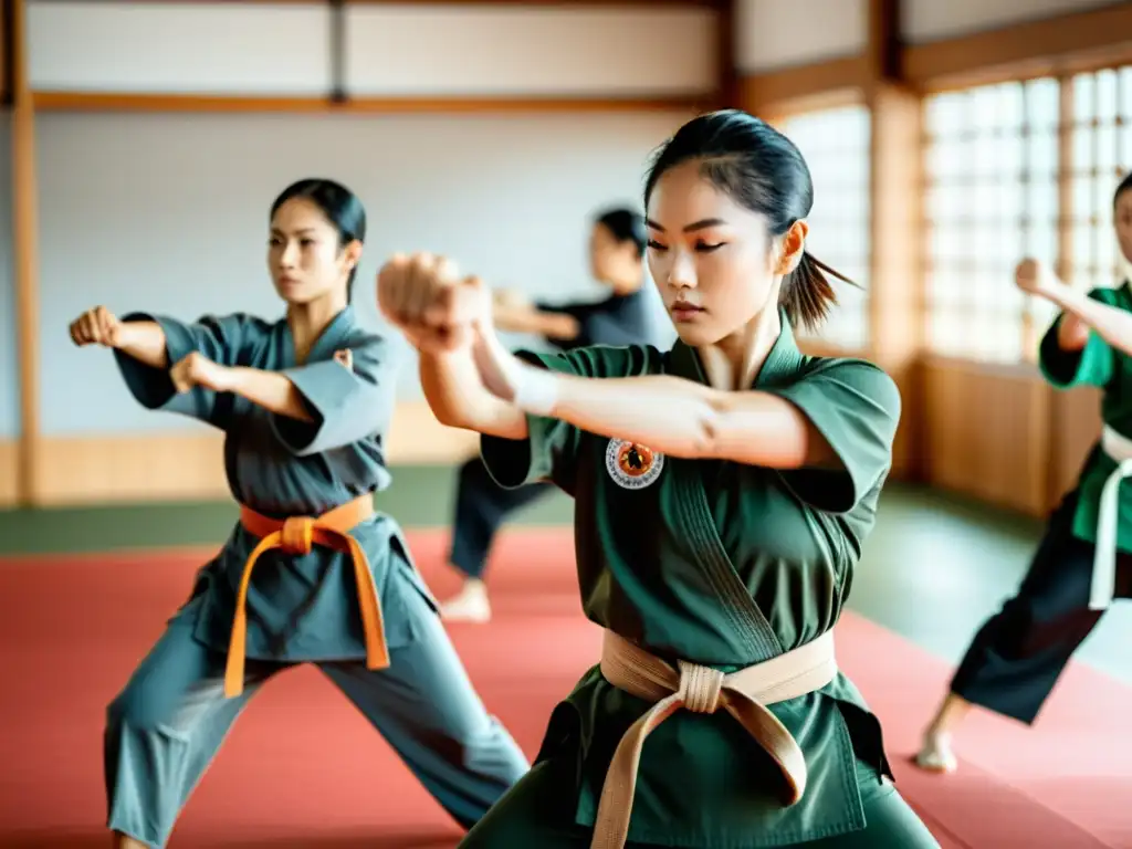 Mujeres fuertes y determinadas practicando artes marciales en un dojo amplio y bien iluminado, llevando equipamiento oficial diseñado para mujeres
