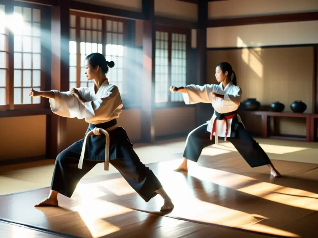 Mujeres guerreras en Asia practicando artes marciales en un dojo tradicional, demostrando su fuerza y habilidad con determinación y confianza