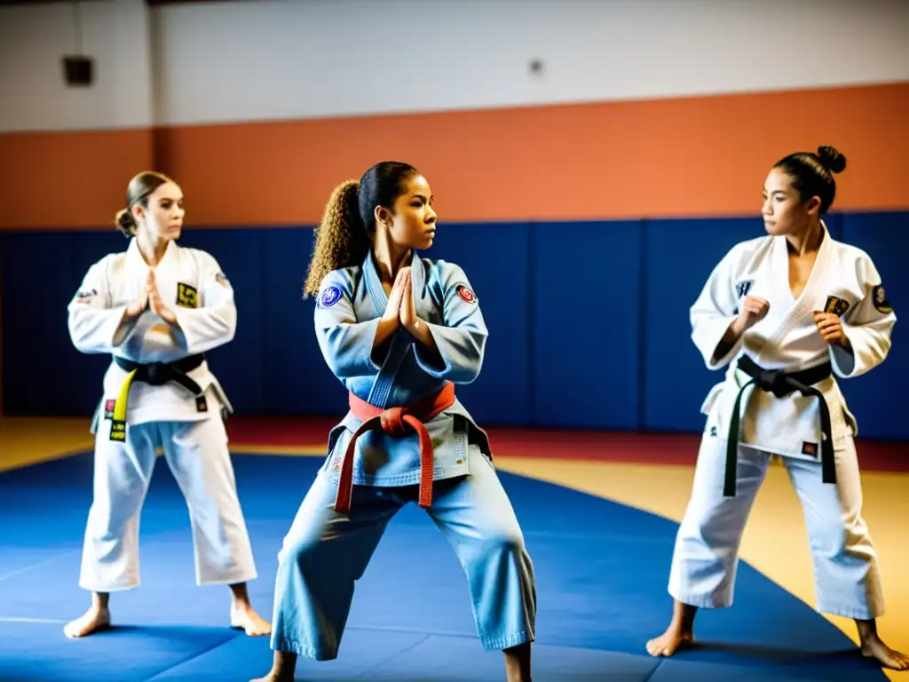 Mujeres diversas practicando JiuJitsu Brasileño en un gimnasio, demostrando fuerza, determinación y empoderamiento