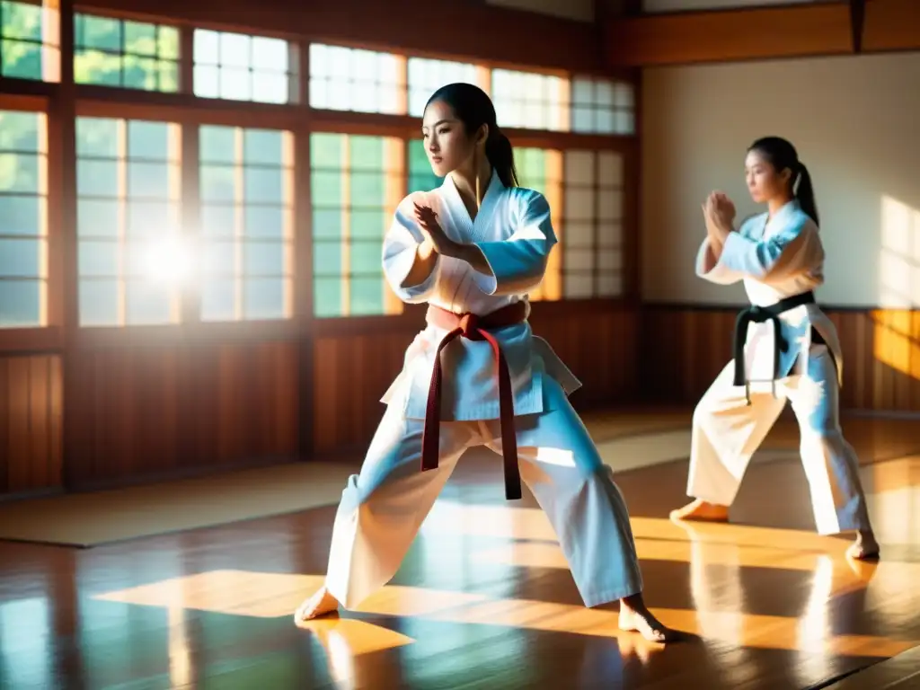 Mujeres karatecas en gi blanco ejecutando técnicas poderosas con determinación en un dojo iluminado por el sol, destacando en Karate