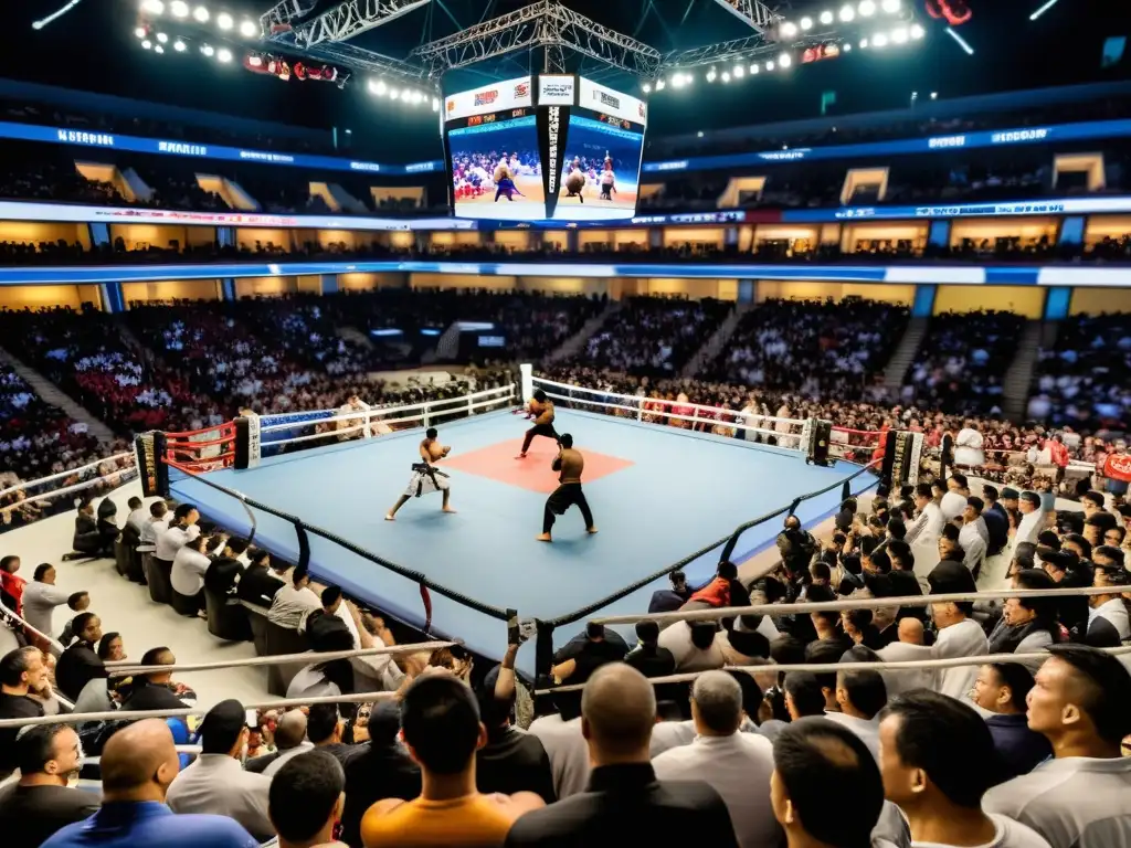 Multitud emocionada en evento de artes marciales, expectativas espectadores palpables, energía vibrante y pasión en el aire