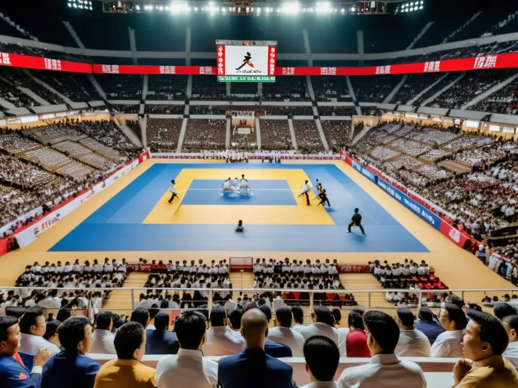 Una multitud emocionada observa una intensa pelea de karate en un estadio lleno