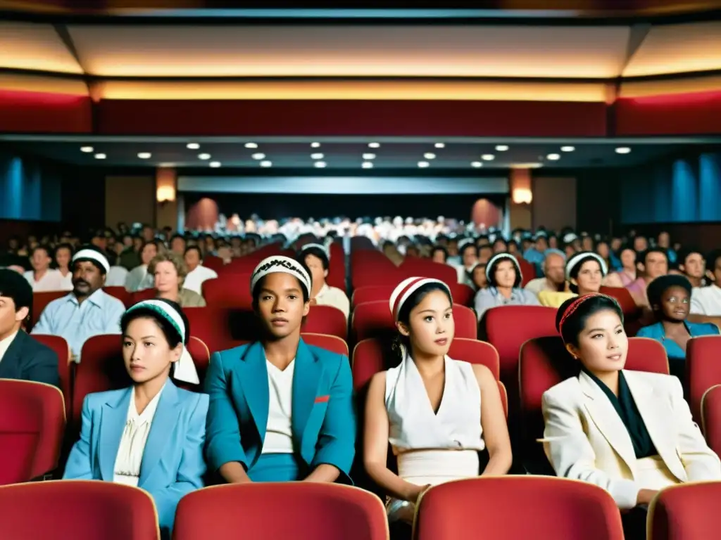 Multitud entusiasmada en un cine de los 80 viendo Karate Kid, reflejando el impacto cultural de la película en Occidente