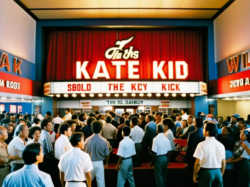 Multitud en lobby de cine de los 80, emocionados fans visten atuendos de Karate Kid, esperando el estreno