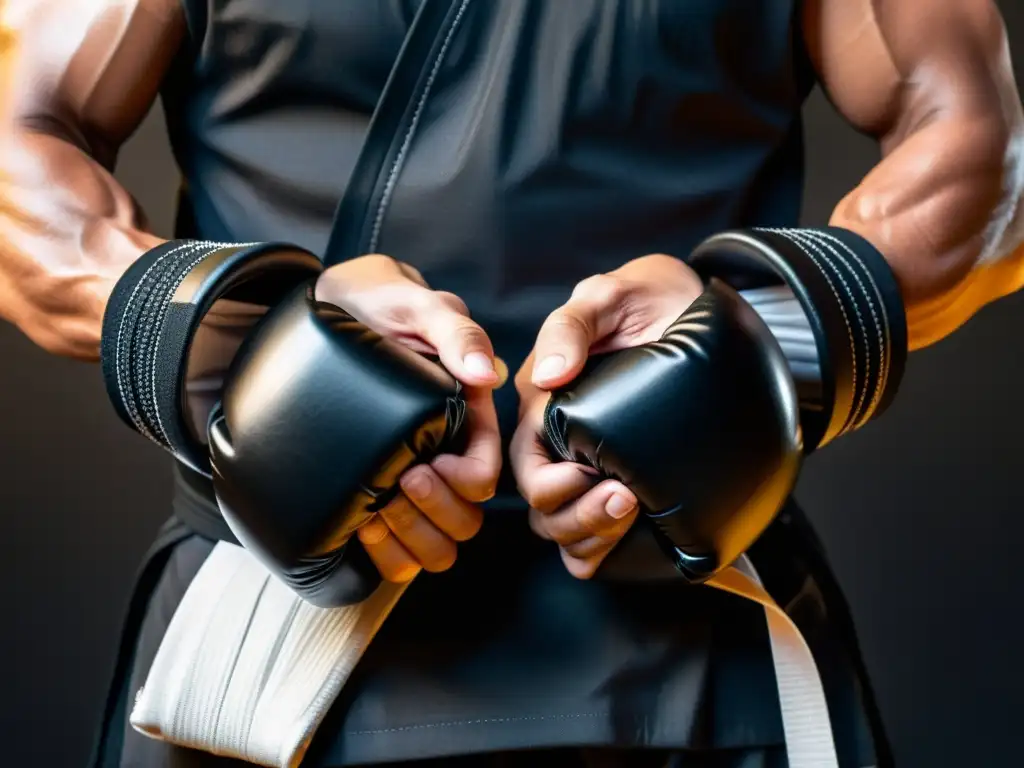 Las muñequeras negras realzan la fuerza y determinación del artista marcial, destacando la importancia de muñequeras en artes marciales