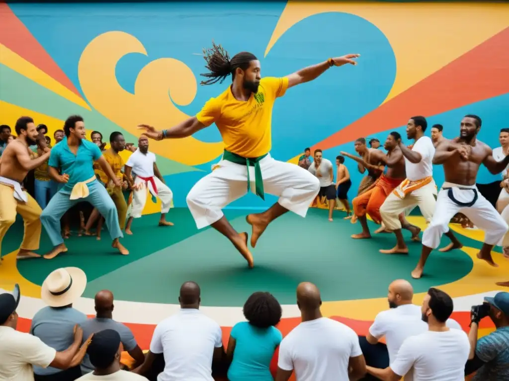 Un mural detallado de Capoeira con bailarines y espectadores de diferentes culturas, capturando la energía y pasión