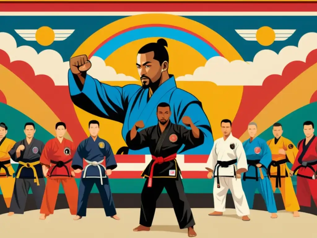 Un mural intrincado muestra artistas marciales unidos, destacando el impacto cultural e histórico de las artes marciales en la lucha contra el racismo