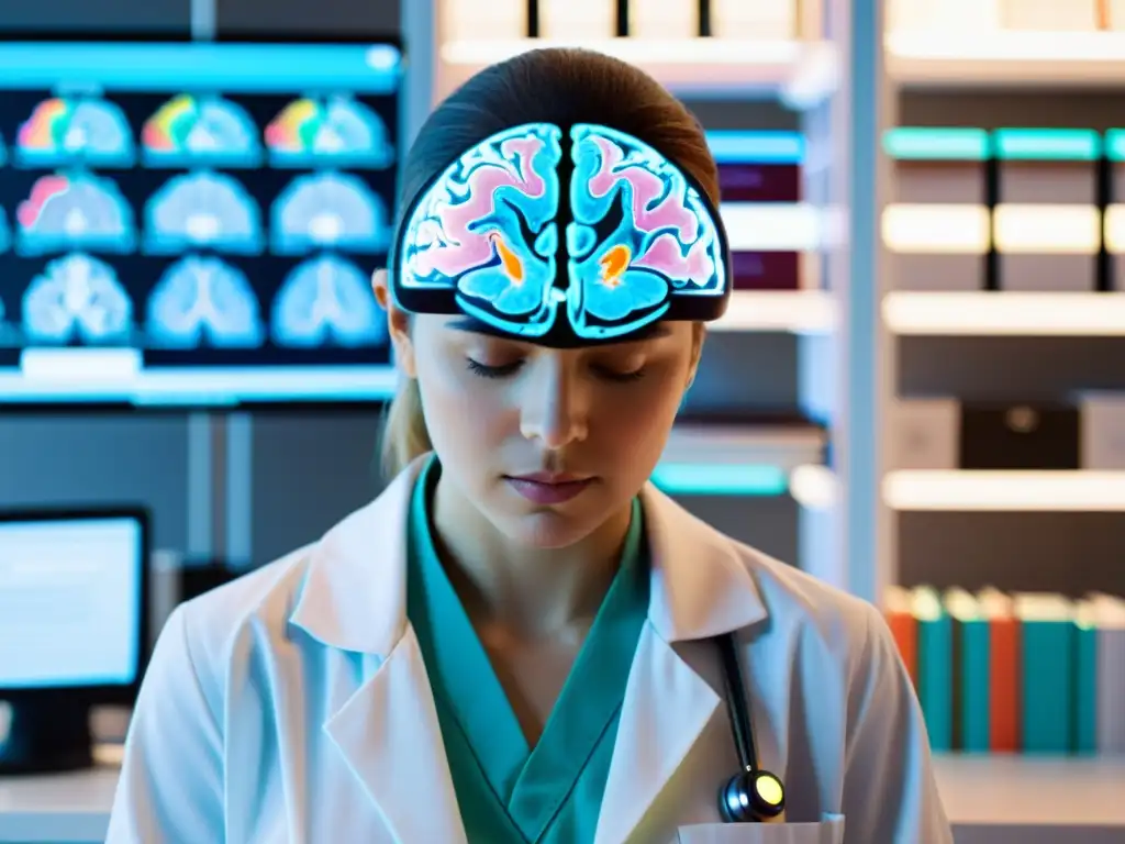 Neuronal connections on a brain scan are analyzed by a focused individual in a clinical setting, surrounded by medical resources