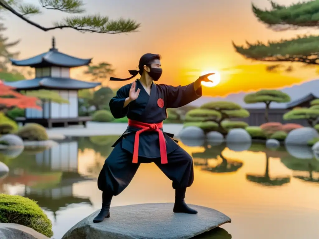Ninja en el jardín japonés al atardecer Un ninja ágil en un jardín japonés al atardecer, listo con shuriken