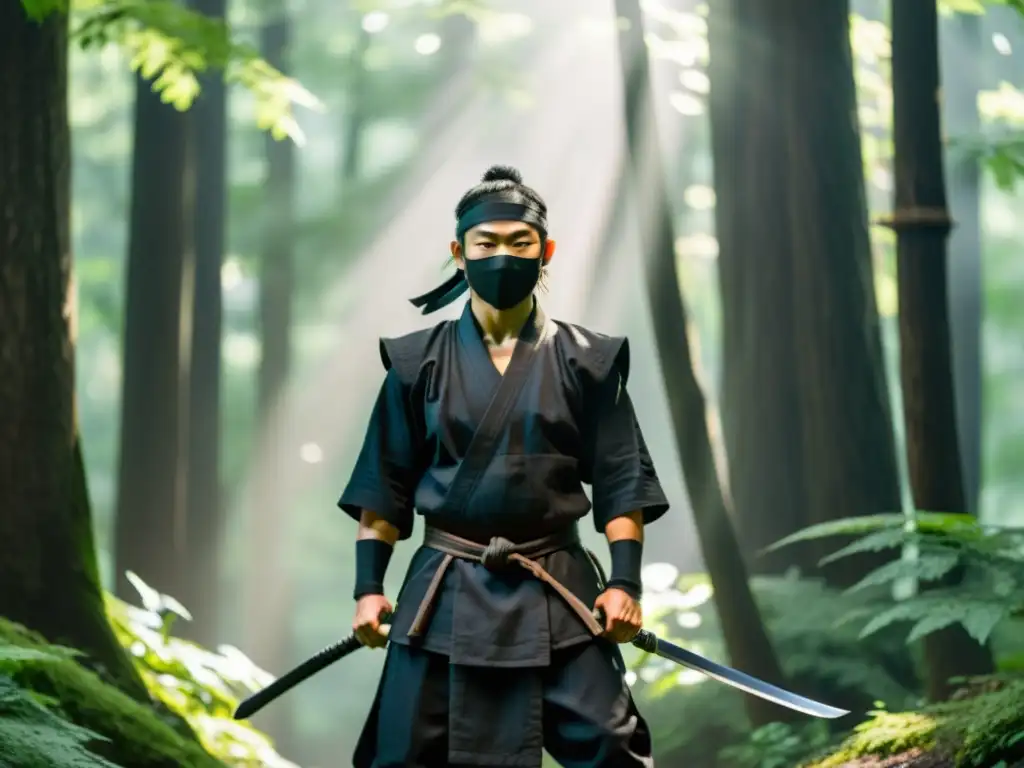 Un ninja antiguo en el denso bosque, vistiendo atuendo negro y sosteniendo una katana