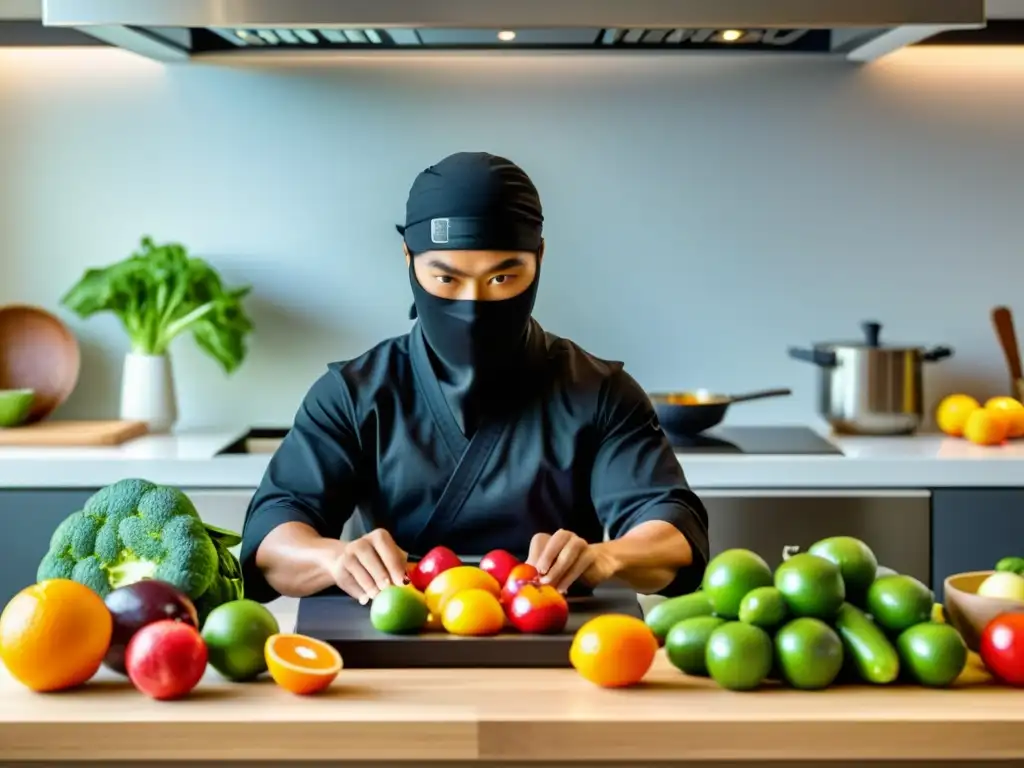 Un ninja prepara con destreza una plate de frutas y verduras, reflejando la dieta ninja para artes marciales con precisión y serenidad