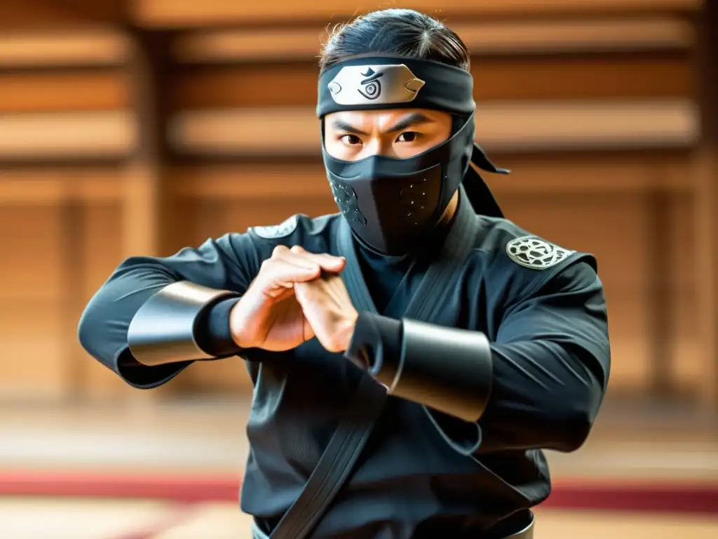 Un ninja en un dojo practicando artes marciales con aplicaciones de entrenamiento, fusionando tradición y tecnología