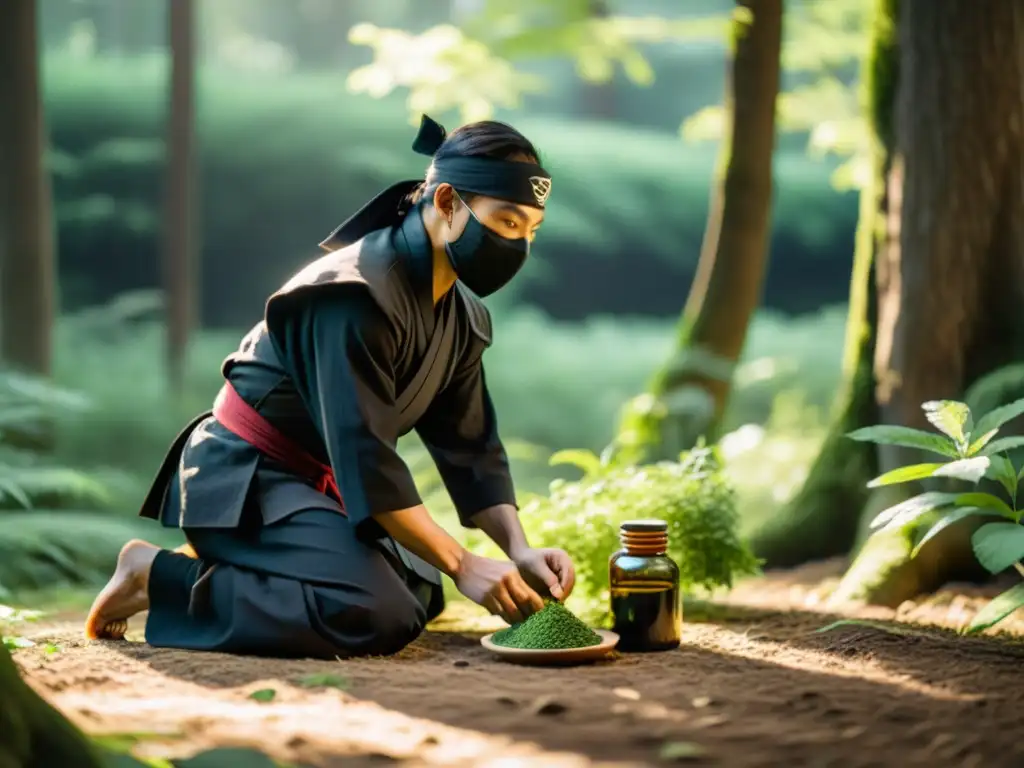 Un ninja experimentado prepara cuidadosamente hierbas y suplementos naturales en un claro del bosque, rodeado de exuberante vegetación