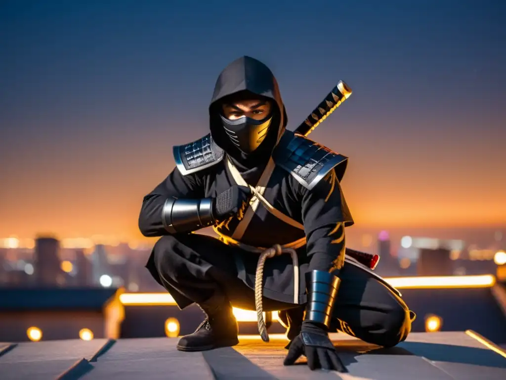 Un ninja sigiloso en la azotea de noche, rodeado por luces de la ciudad, listo para la acción