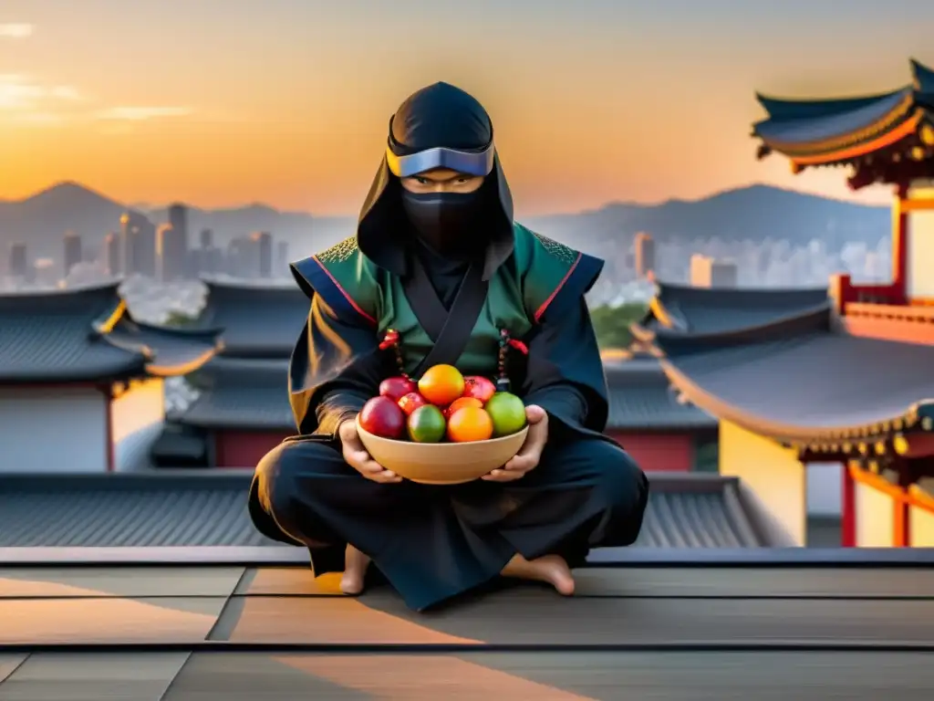 Un ninja caza a la sombra al atardecer con una dieta ninja para artes marciales