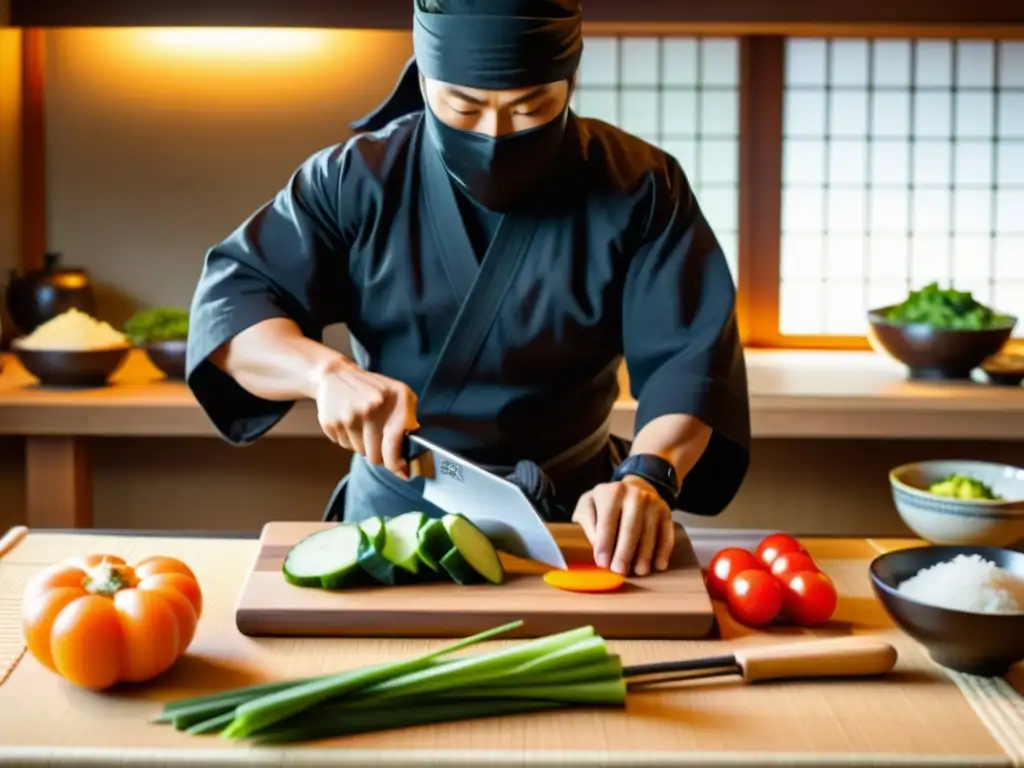 Un ninja corta cuidadosamente vegetales frescos en una cocina japonesa, mostrando su dedicación a la nutrición para mejorar el Ninjutsu