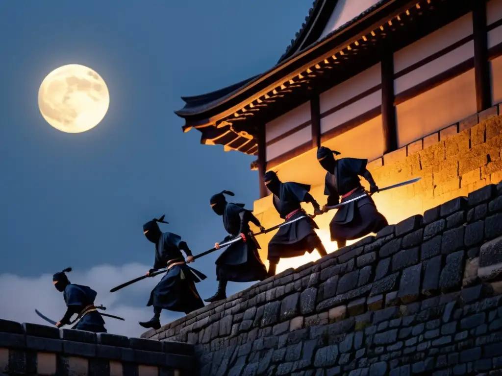 Ninjas expertos escalando silenciosamente un castillo japonés en la oscuridad, mostrando técnicas de Ninjutsu con maestría bajo la luz de la luna