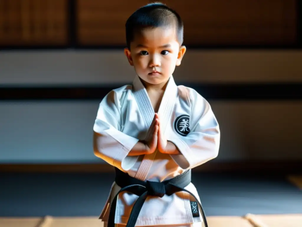 Un niño concentrado en ropa de entrenamiento para niños, emitiendo determinación y calma en un dojo de artes marciales