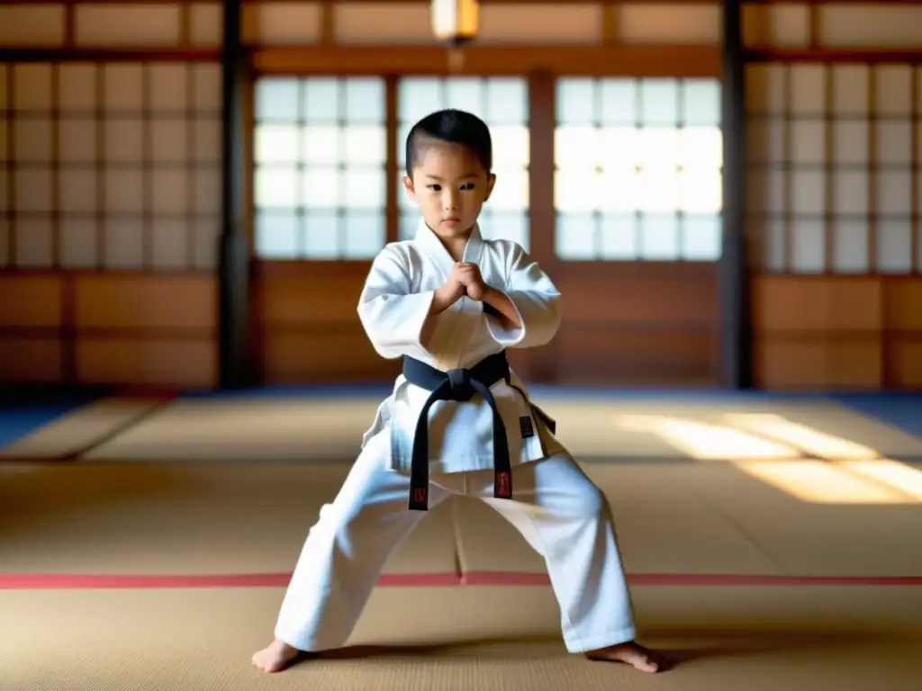 Un niño practica artes marciales con determinación en un dojo soleado