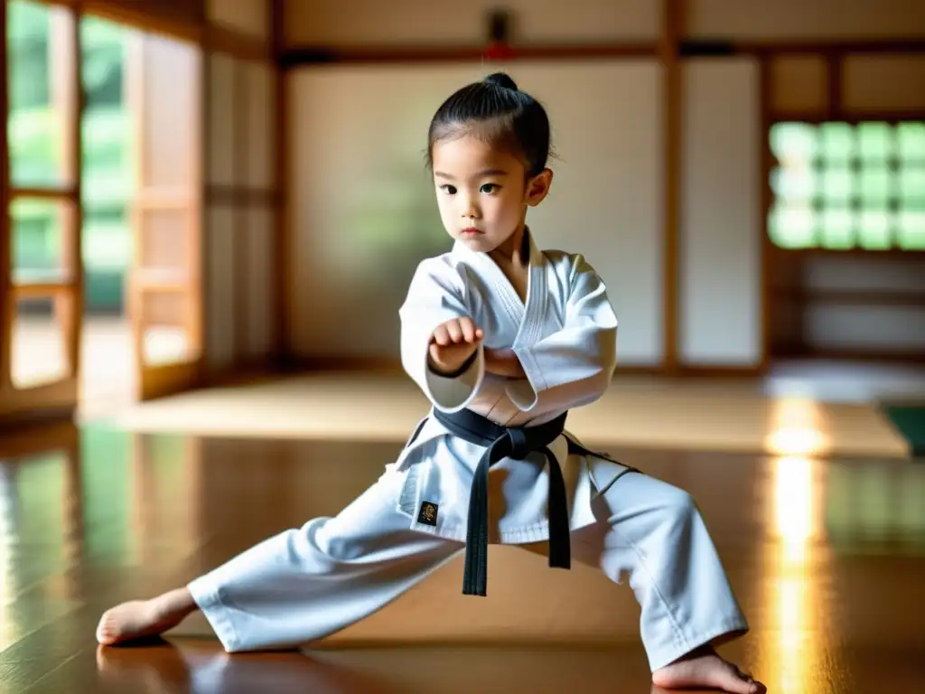 Un niño ejecuta una patada precisa en un dojo iluminado por el sol, transmitiendo determinación y habilidad en las artes marciales