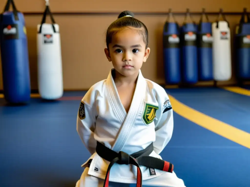 Un niño viste ropa oficial de artes marciales en un estudio de JiuJitsu, mostrando determinación y fuerza junto a otros jóvenes aprendiendo