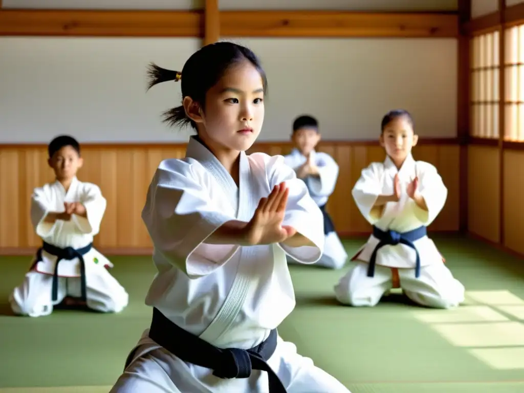 Niños practican aikido en un dojo luminoso con instructor