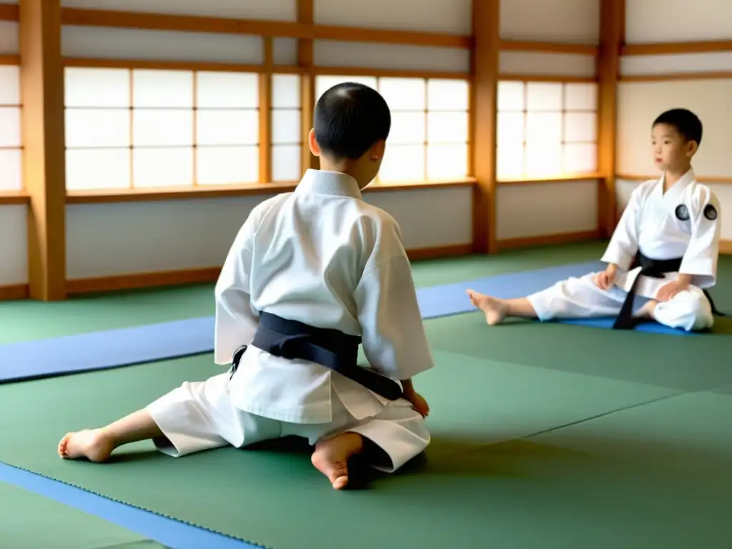 Niños practicando Aikido en un dojo tradicional, mostrando disciplina y gracia