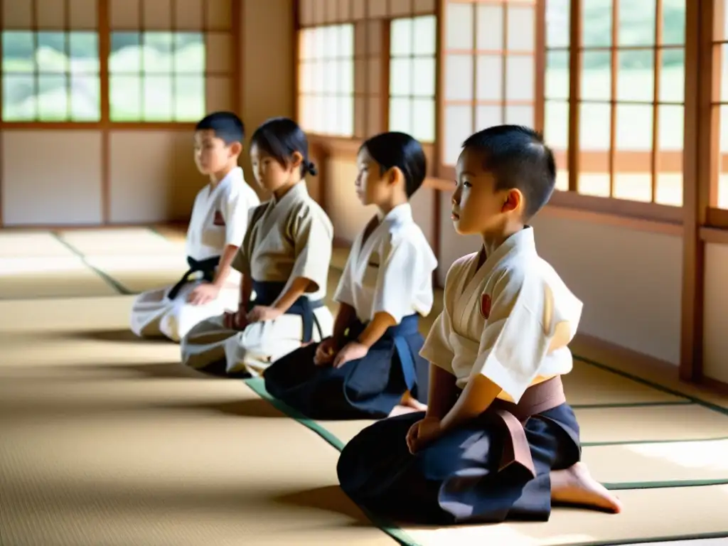 Niños practicando Aikido infantil en un dojo sereno, reflejando disciplina y no violencia