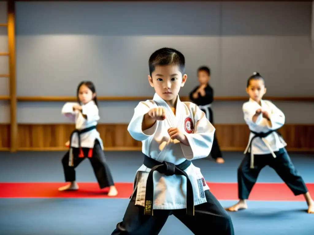 Niños practicando artes marciales con precisión y disciplina en un estudio bien iluminado, bajo la atenta mirada del instructor