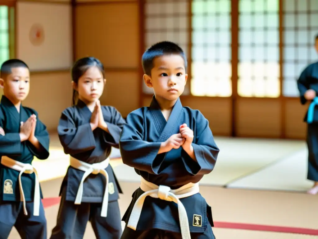 Niños practicando artes marciales en un dojo tradicional con su instructor observando