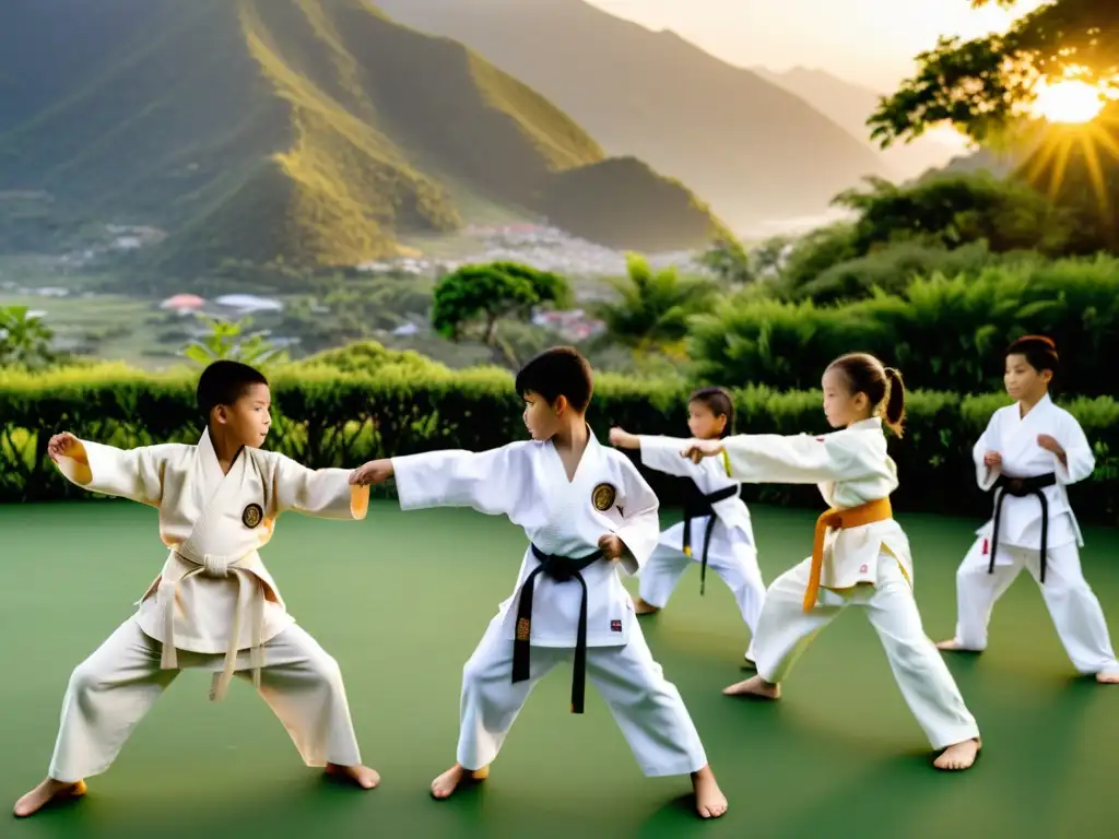 Niños practicando artes marciales en un entorno natural, transmitiendo disciplina y compañerismo