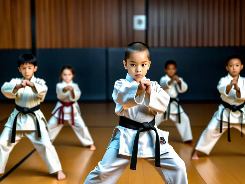 Niños practicando artes marciales en un entorno seguro y educativo, con enfoque en disciplina y respeto