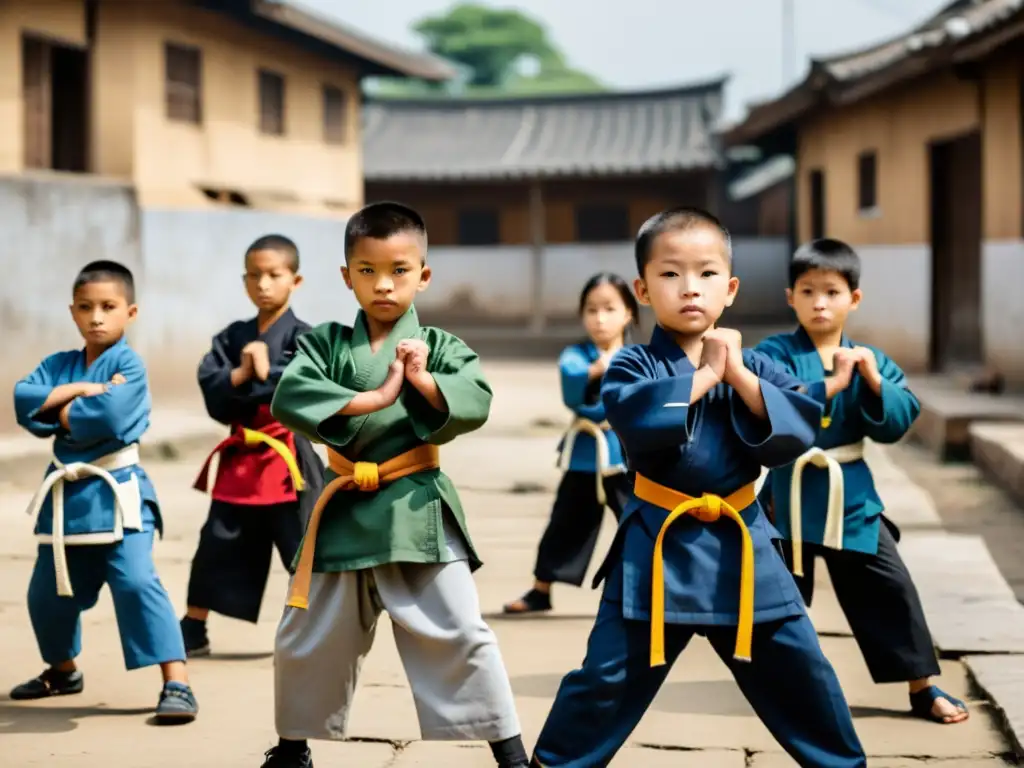 Niños practicando artes marciales en un entorno urbano desfavorecido, mostrando determinación y fuerza