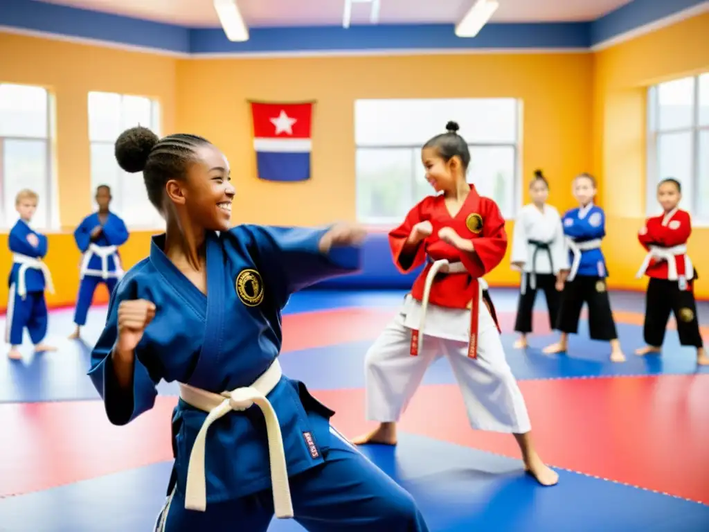 Niños practican artes marciales en un estudio lleno de energía y colores, con un instructor paciente y alentador