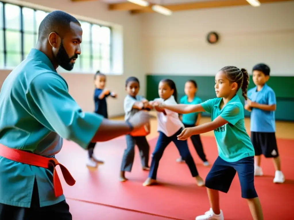 Niños aprendiendo defensa personal en un entorno escolar, enérgicos y decididos