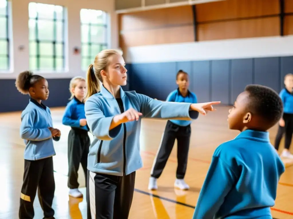 Niños aprendiendo defensa personal en un gimnasio escolar, guiados por un instructor