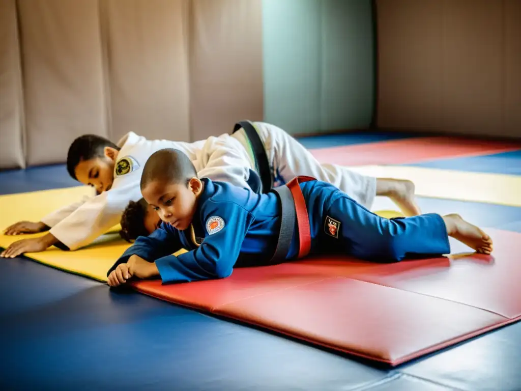 Niños practicando Jiu Jitsu Brasileño en un dojo espacioso y luminoso, mostrando disciplina y compañerismo en su entrenamiento