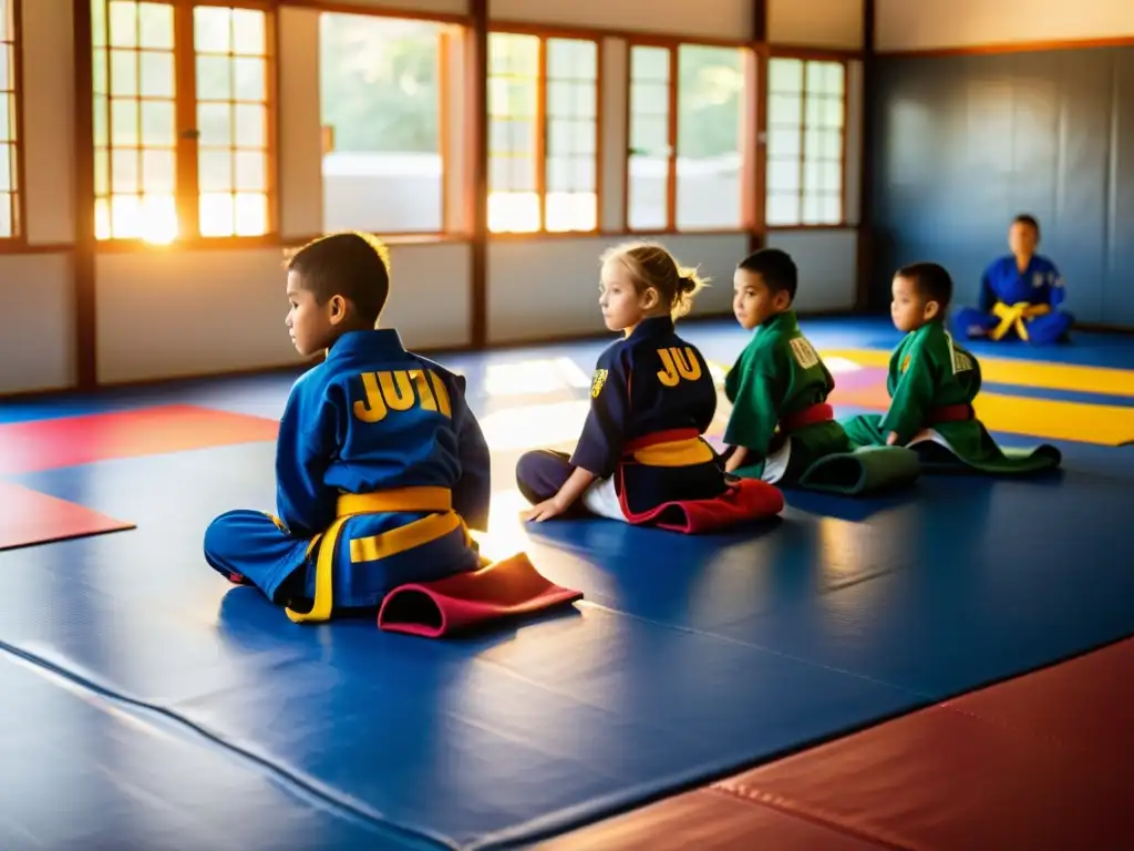 Niños practicando Jiu Jitsu Brasileño en un dojo, irradiando energía y determinación