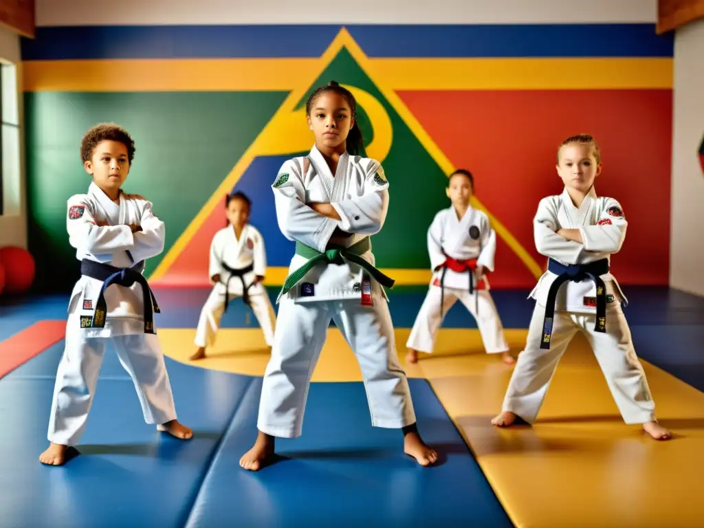 Niños practicando Jiu Jitsu Brasileño en un estudio soleado, inmersos en el arte marcial, rodeados de símbolos y murales inspiradores